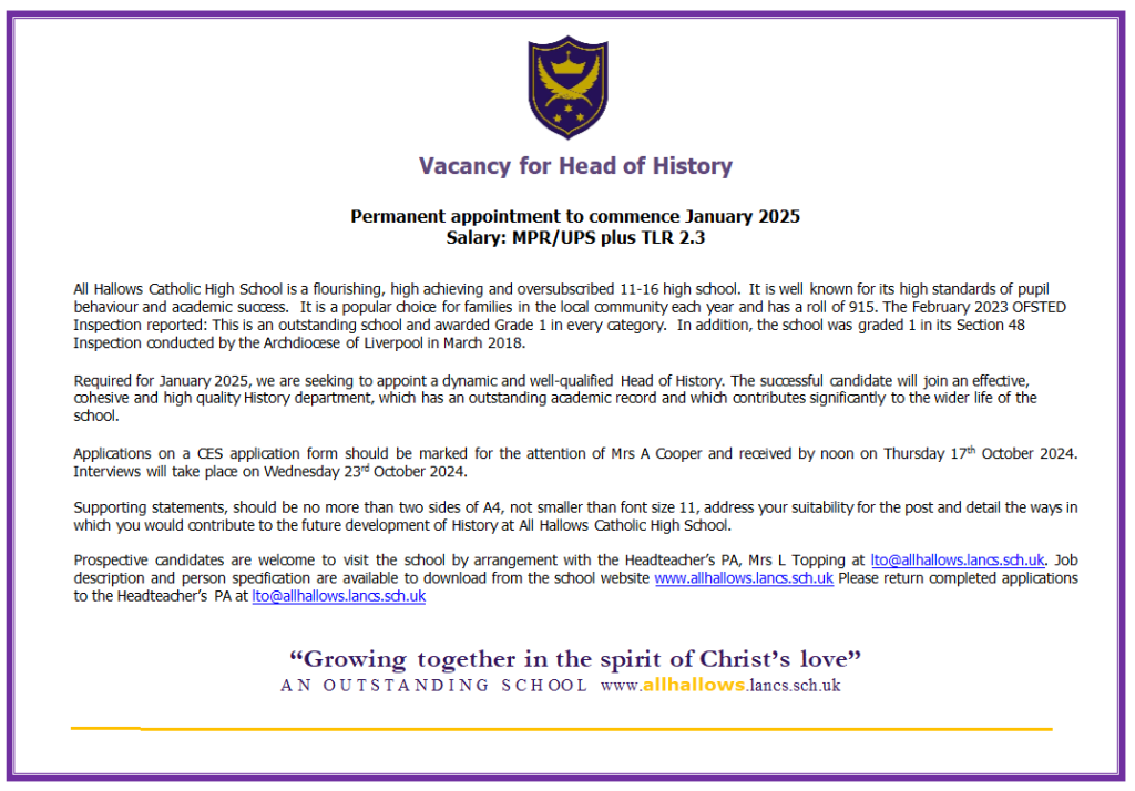 Vacancies All Hallows Catholic High School Vacancies All Hallows Catholic High School