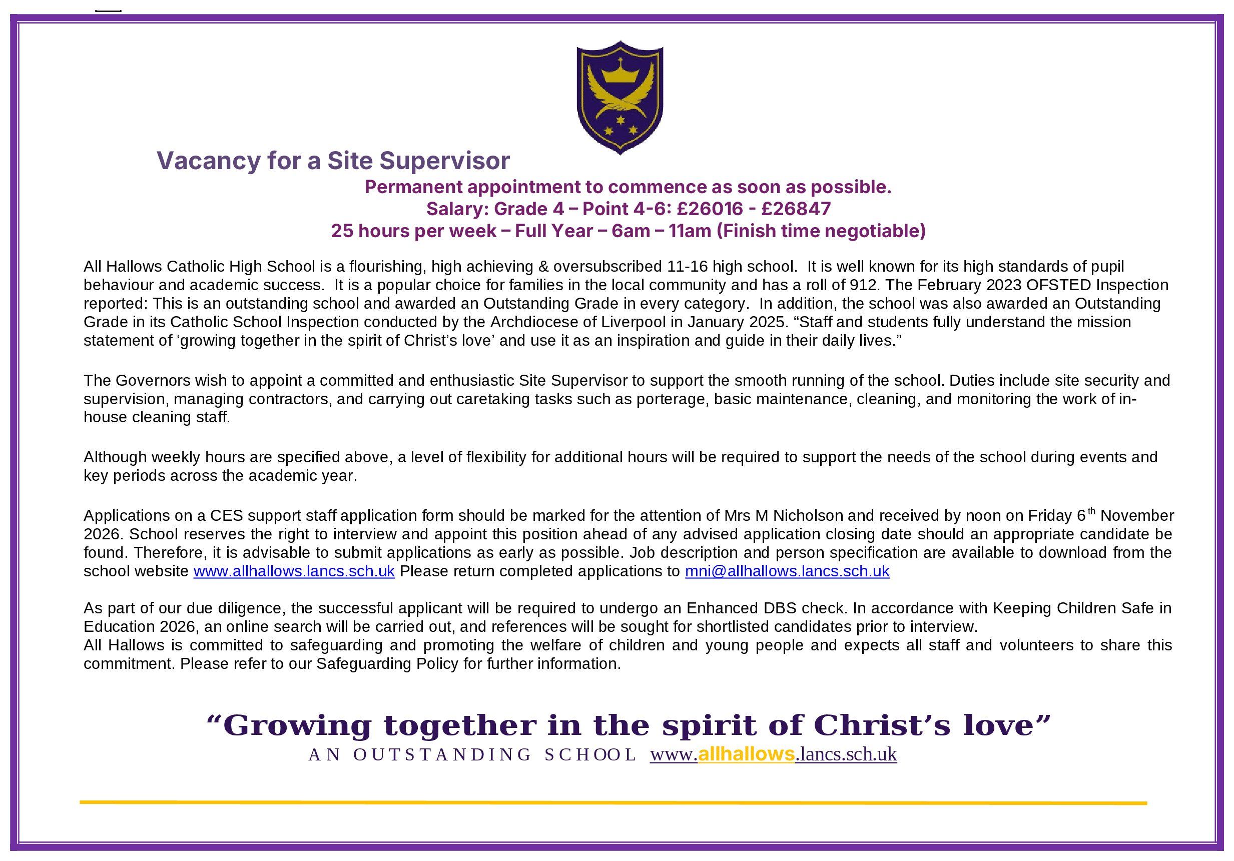 Vacancy for a Site Supervisor: Grade 4, 25 hours per week, full year. Closing date noon, Friday 6th November 2026.